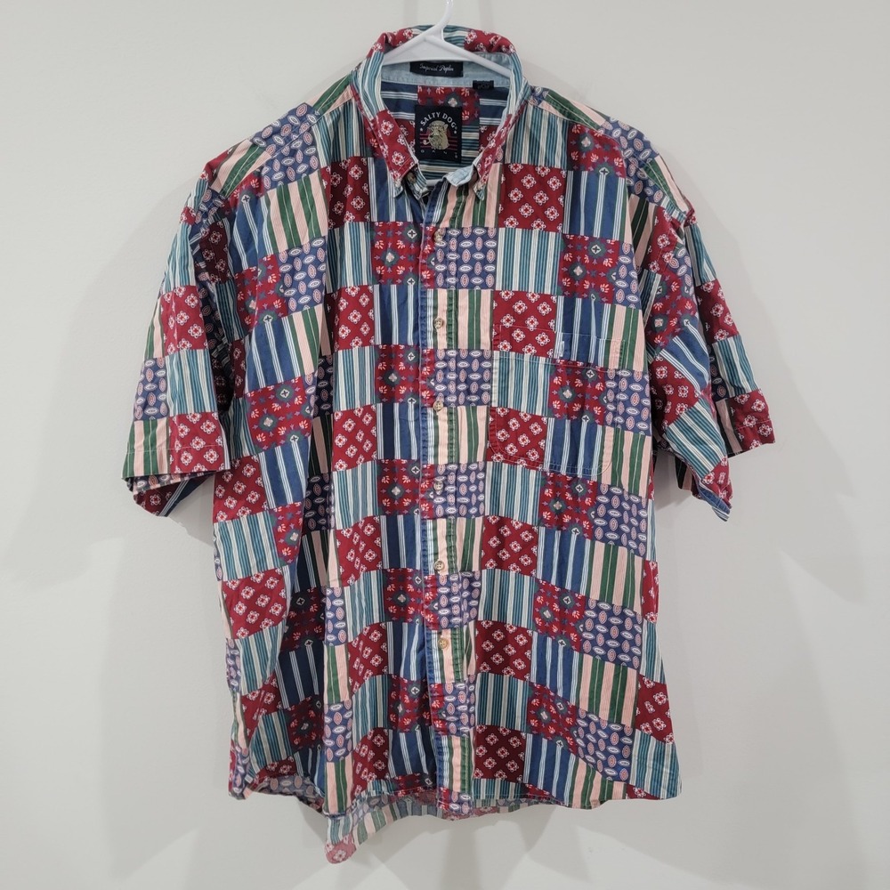 Salty Dog Imperial Poplin‎ Mens Button Up Shirt Size Large Patchwork Vintage 90S
